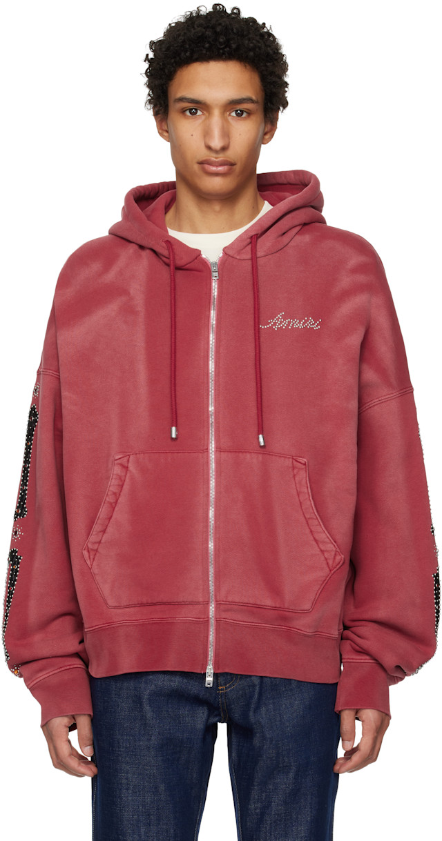 AMIRI: Red Bones Studded Oversized Zip Hoodie | SSENSE Canada