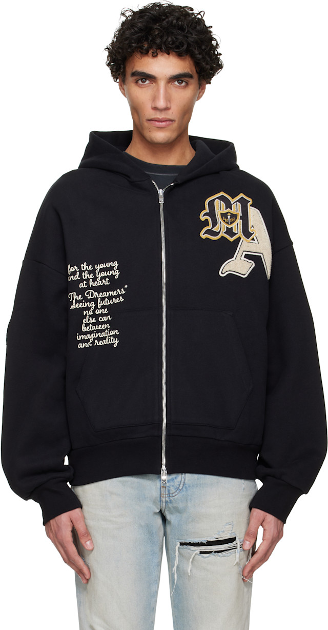 AMIRI zipパーカー AMIRI: Black Varsity Patch Oversized Zip Hoodie | SSENSE