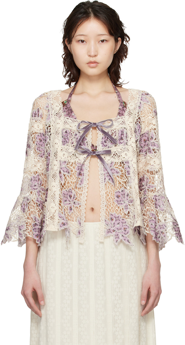 Anna Sui: Purple & Off-White Medallion Floral Lace Tie Blouse | SSENSE