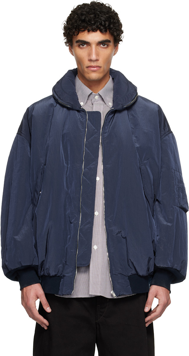 Hed Mayner: Navy Crinkled Bomber Jacket | SSENSE Canada