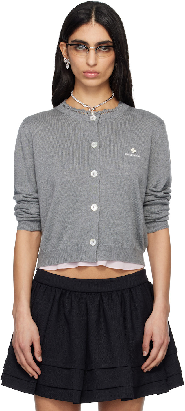 SHUSHU/TONG: Gray Logo-Stitch Knit Cardigan | SSENSE