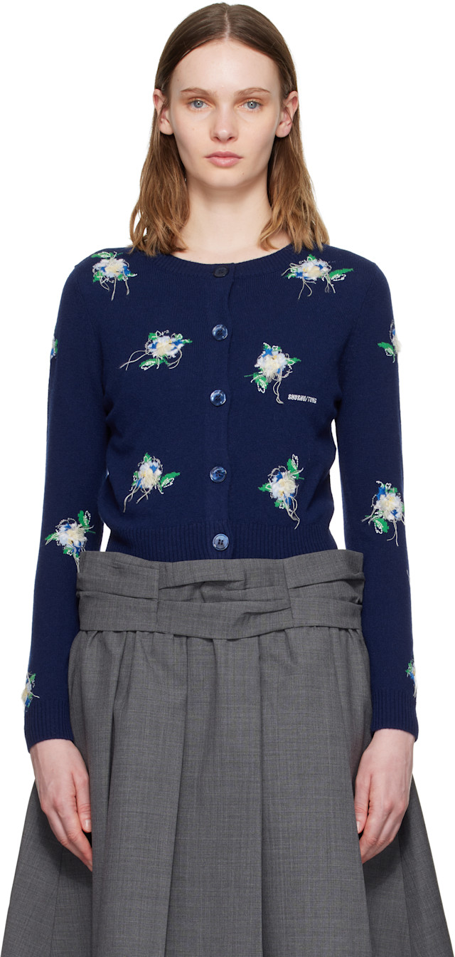 SHUSHU/TONG: Navy Threadwork Knit Cardigan | SSENSE