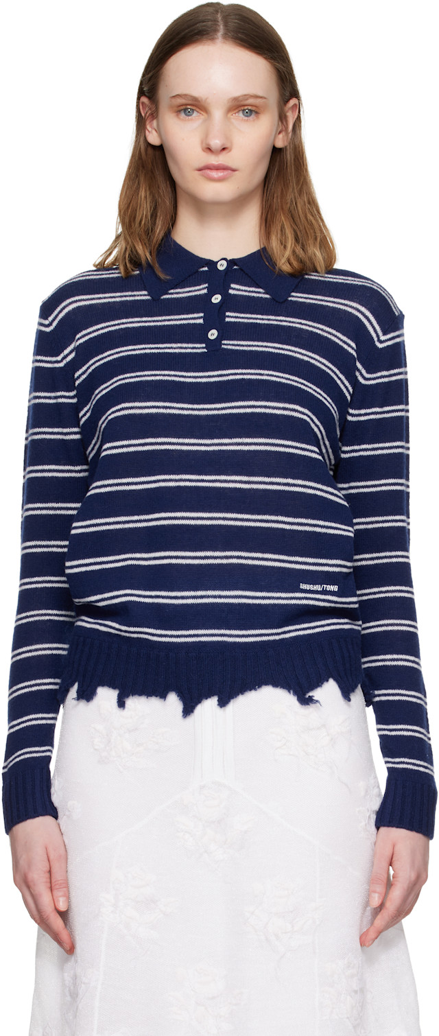 トップス SHUSHU/TONG striped knitted top SHUSHU/TONG: Navy & White Striped Long-Sleeve Knit Polo | SSENSE