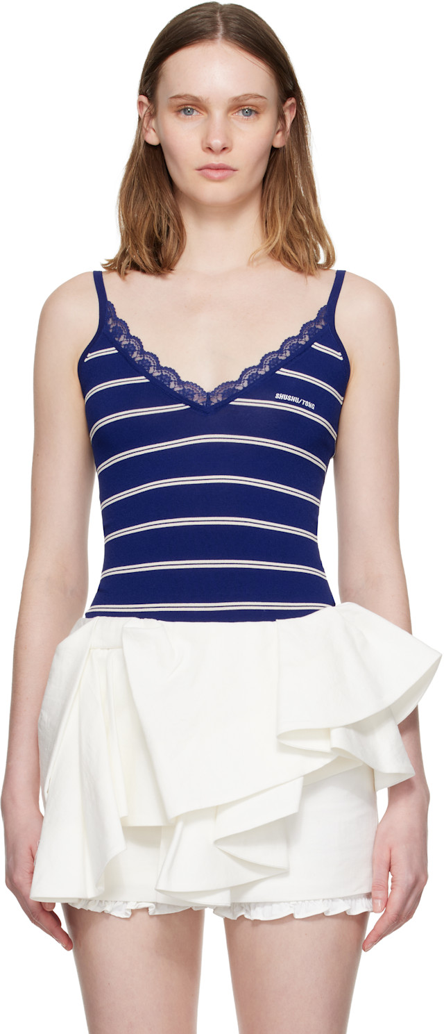 SHUSHU/TONG: Blue Striped Knit Tank Bodysuit | SSENSE