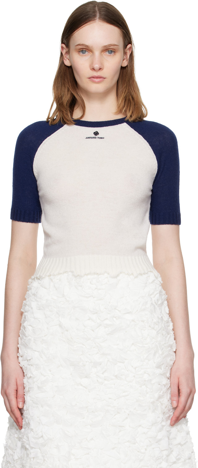 SHUSHU/TONG: White & Navy Color-Block Raw-Edge Short-Sleeve Knit