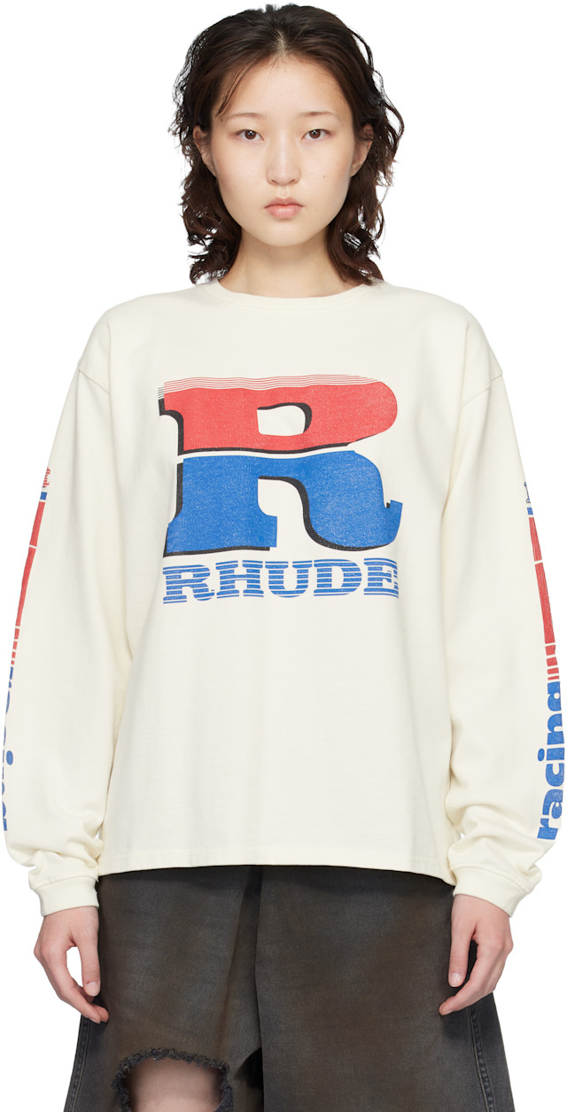 Rhude: Off-White Split Petrol Logo LS T-shirt | SSENSE