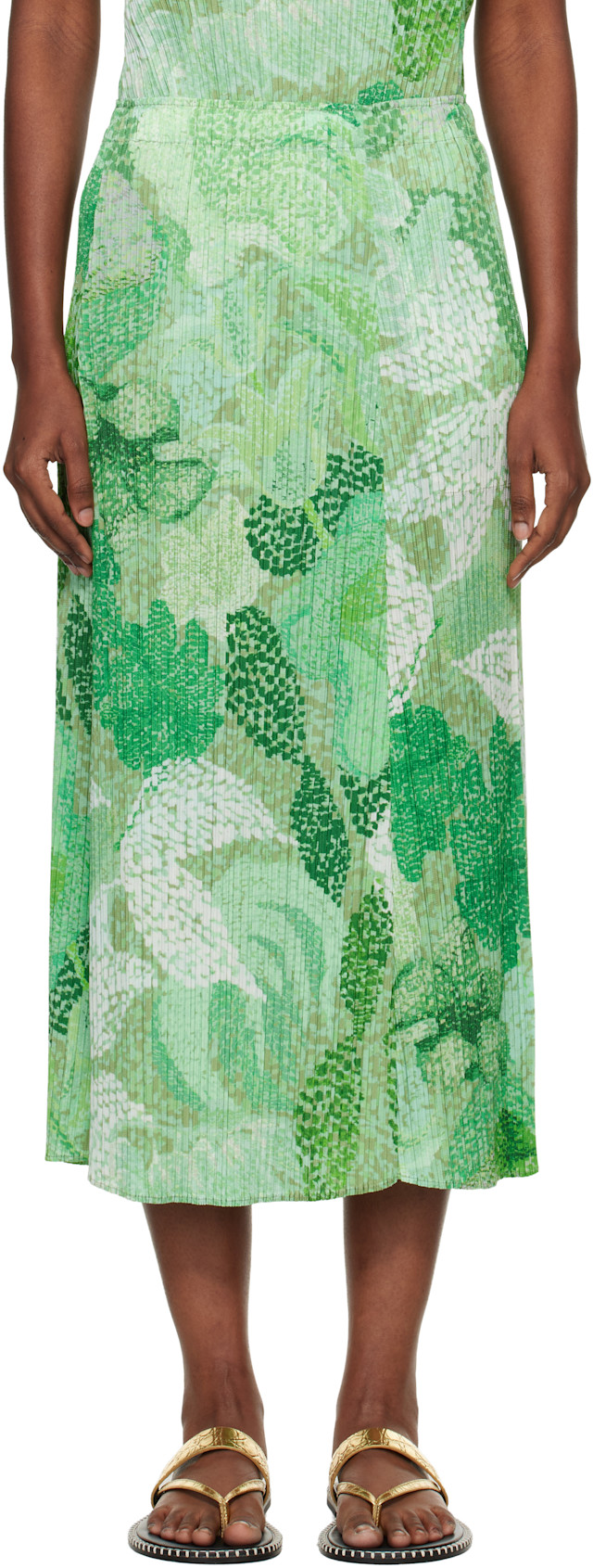 PLEATS PLEASE ISSEY MIYAKE: Green Foggy Forest Midi Skirt | SSENSE