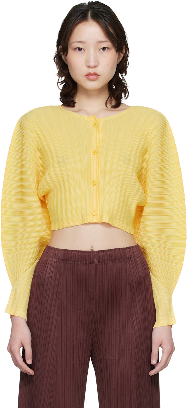 PLEATS PLEASE ISSEY MIYAKE: Yellow Rib Pleats January Cardigan