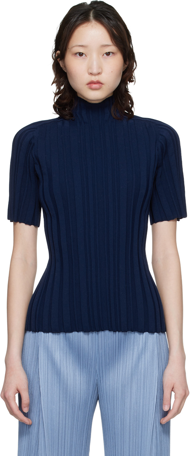 PLEATS PLEASE ISSEY MIYAKE: Navy Rib Knit Turtleneck | SSENSE