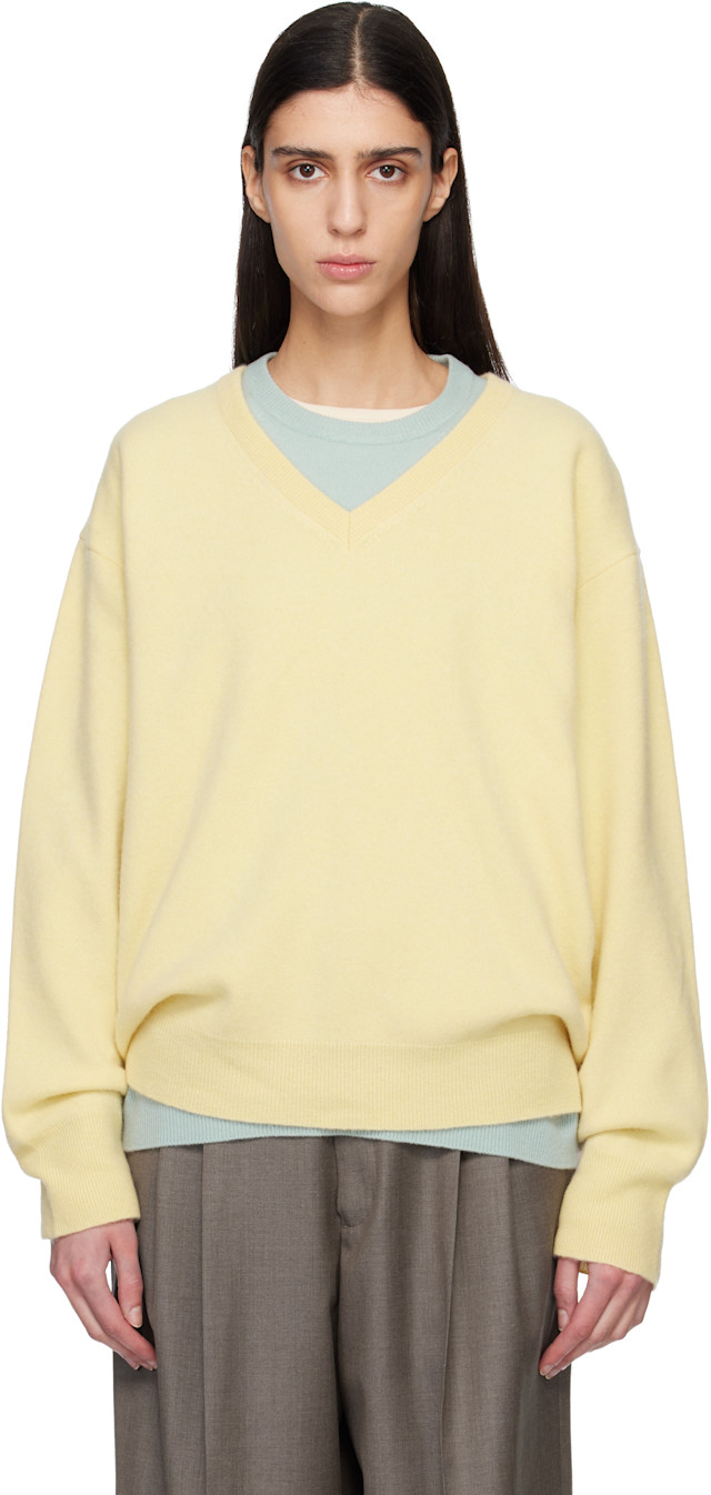 ssstein: Yellow Pure Cashmere Knit V Neck LS Sweater | SSENSE