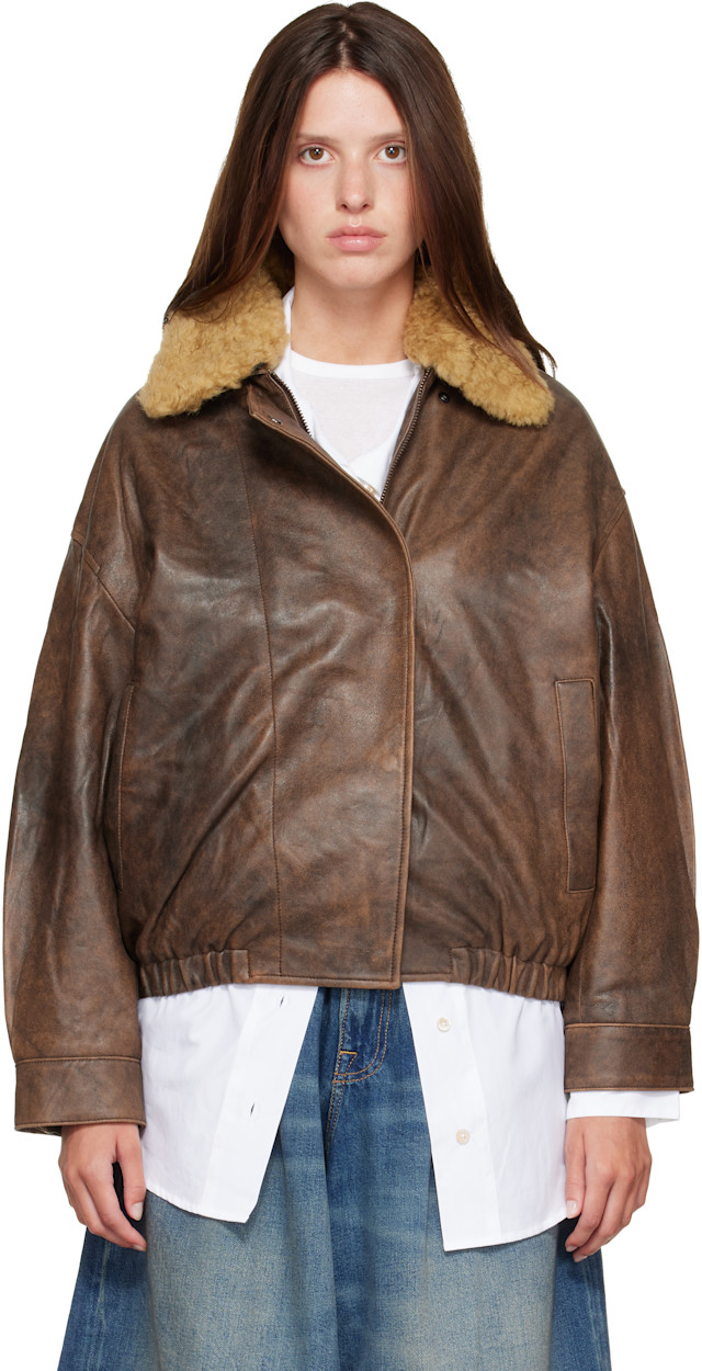 R13: ブラウン Removable Collar レザー ボンバージャケット | SSENSE 日本