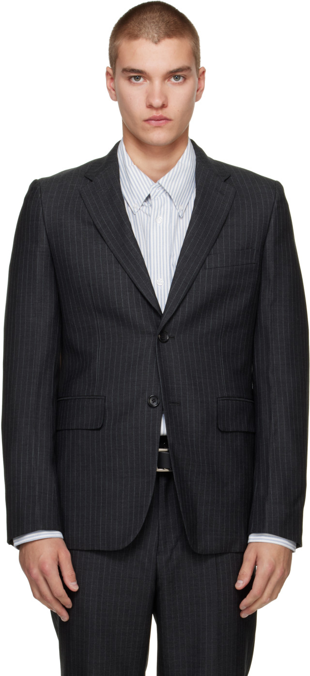美品 HELMUT LANG SS24 グレー ストライプ テーラードジャケット Comme des Garçons Homme Deux: グレー ウール ピンストライプ