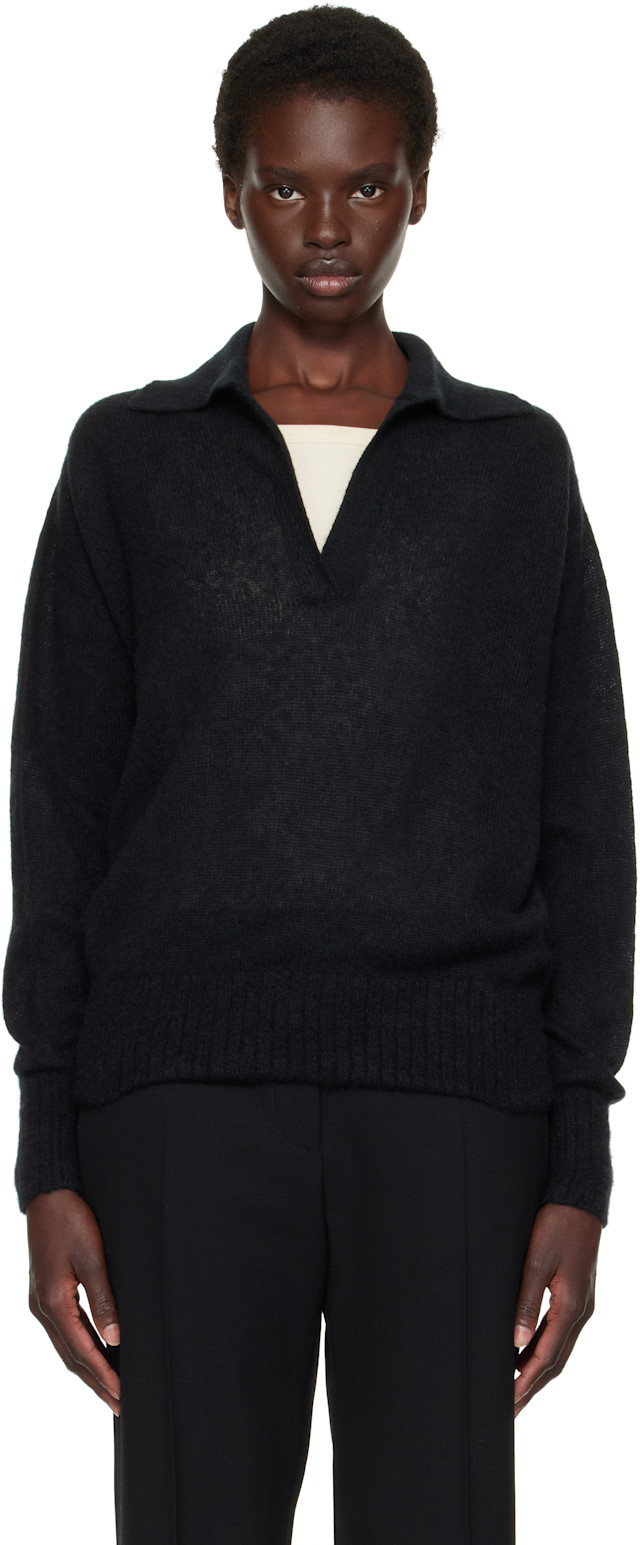 TOM FORD ポロセーター ブラック サイズ48 TOM FORD: Black Ultrasoft Cashmere Silk Oversized Open Collar Polo