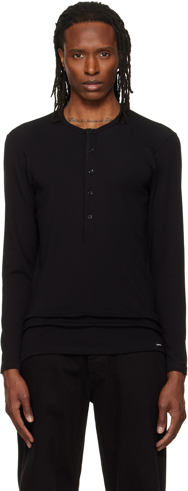 美品 TOM FORD シルク リブニット ヘンリーネック ブラック48 TOM FORD: ブラック コットン ヘンリーネック Tシャツ | SSENSE 日本