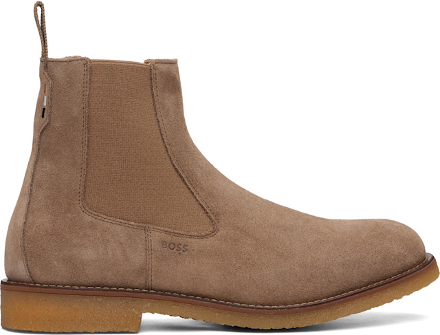 BOSS: ベージュ Signature-Stripe Stitching スエード チェルシー