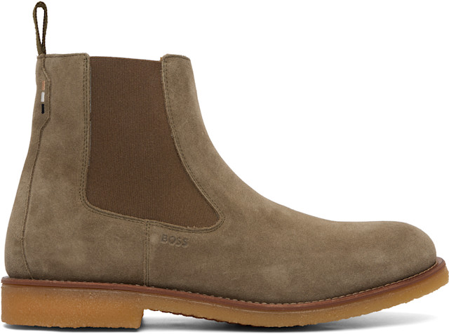 BOSS: Khaki Suede Signature-Stripe Stitching Chelsea Boots | SSENSE