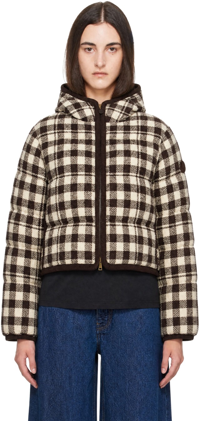 Moncler: Beige & Brown Check Abstraction Down Jacket | SSENSE