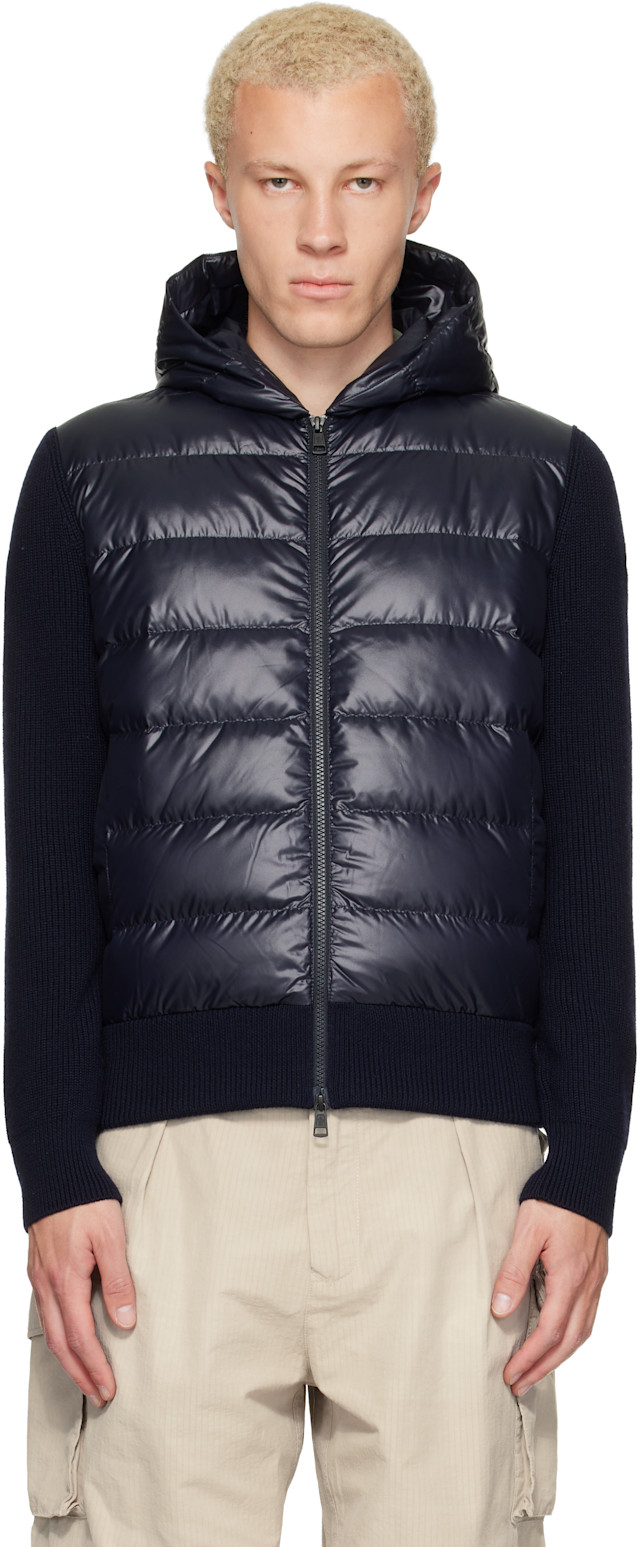Moncler: ネイビー ウール ジップアップ フーディ ダウンジャケット