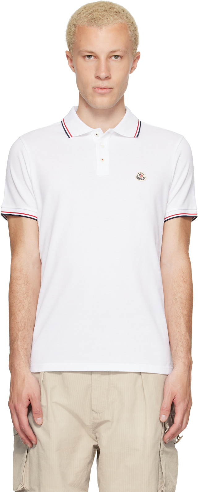 ✨美品✨MONCLER ポロシャツ　白　ホワイト　メンズ　S 綿100% Moncler: ホワイト Tricolor-Trimmed コットンピケ ポロシャツ
