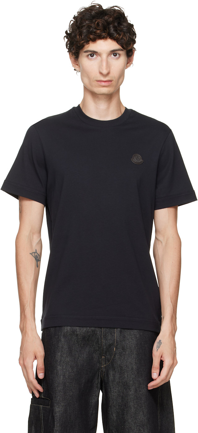 Moncler: Navy Double Leather Logo T-shirt | SSENSE