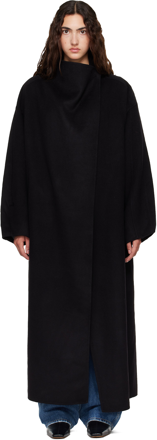 The Frankie Shop Black Leroy Funnel Neck Wool Coat - SSENSE