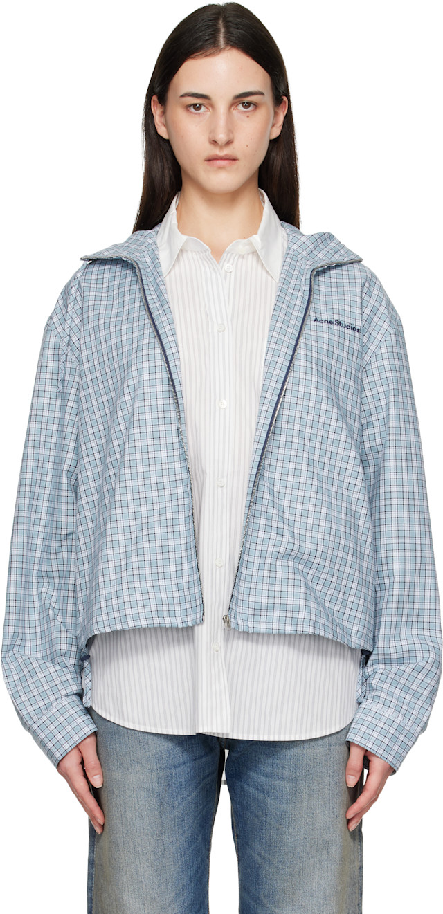 Acne Studios: Blue Hooded Check Jacket | SSENSE