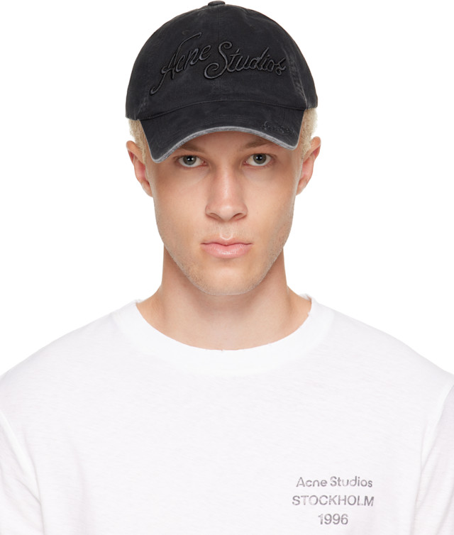 帽子 ACNE STUDIOS Black Logo Print Cap Acne Studios: Black Embroidered Logo Cap | SSENSE