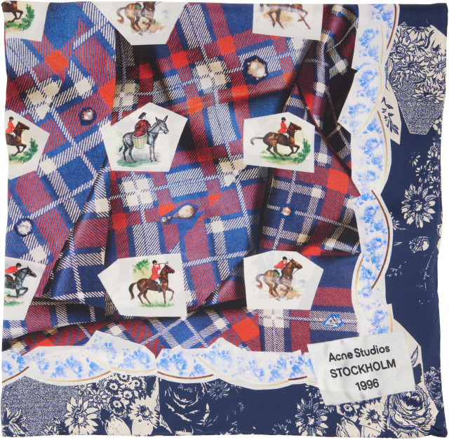 Acne Studios: Blue & Red Printed Silk Scarf | SSENSE