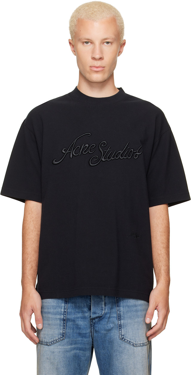 Acne Studios ロゴネック Tシャツ ブラック Acne Studios: ブラック ピケ ロゴ Tシャツ | SSENSE 日本