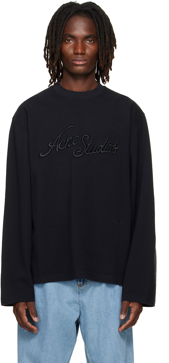 Acne Studios: Black Embroidered Logo T-shirt | SSENSE