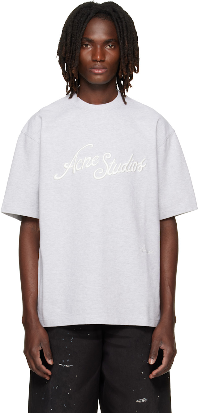 Acne Studios: グレー ロゴ刺繍 Tシャツ | SSENSE 日本