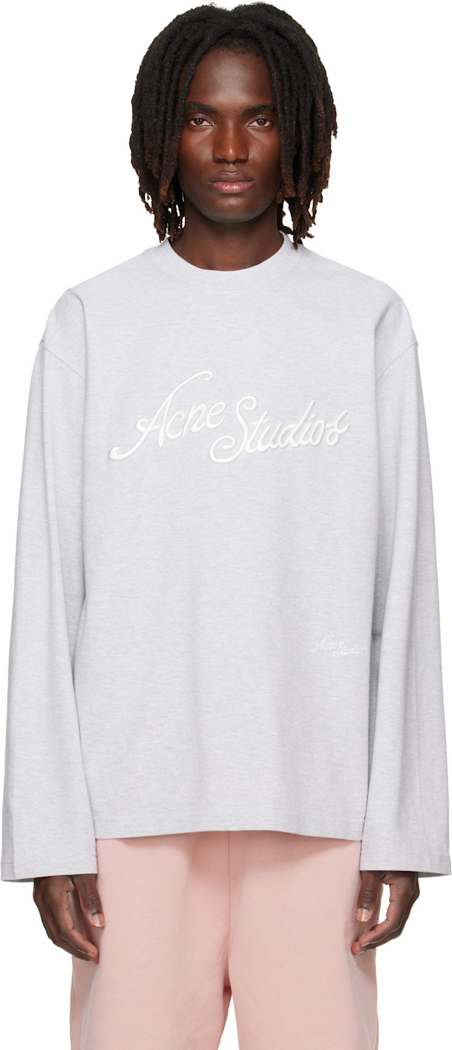 Acne Studios: グレー ロゴ刺繍 Tシャツ | SSENSE 日本