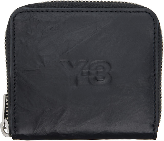 Y-3 CRINKLE LEATHER WALLET/ラウンドファスナー財布 Y-3: Black Crinkle Leather Wallet | SSENSE
