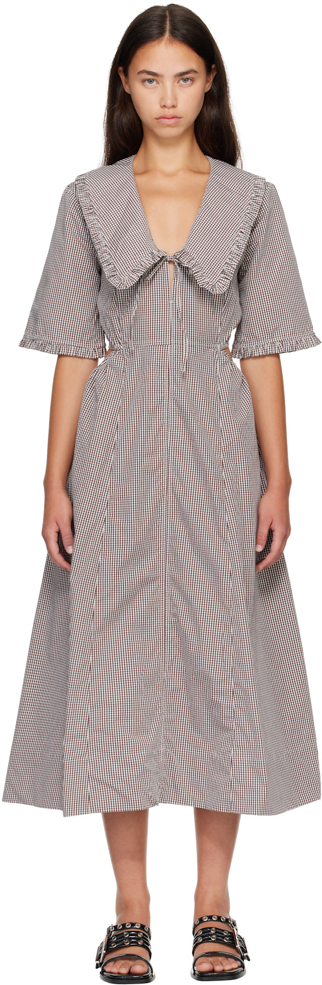 GANNI Brown & White Check Cotton Cut Out Midi Dress