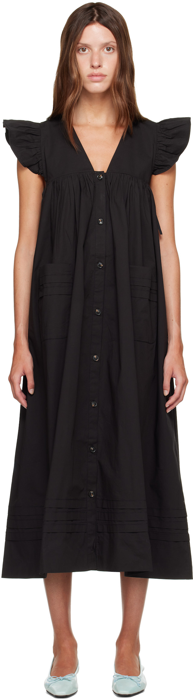 GANNI: Black Stretch Cotton Angel Maxi Dress | SSENSE