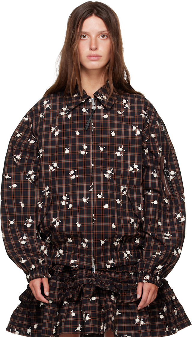 GANNI: Brown Printed Check Bomber Jacket | SSENSE