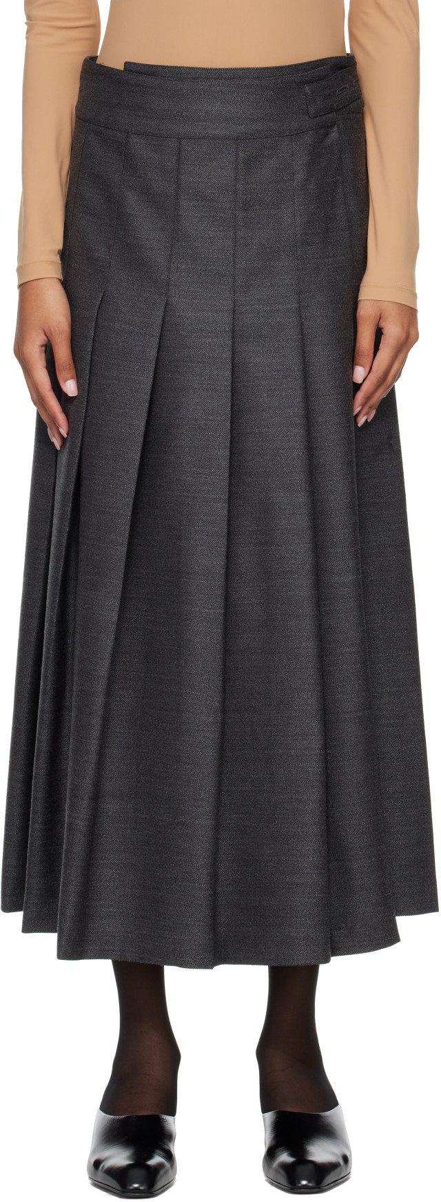 Róhe: Gray Pleated Wrap Midi Skirt | SSENSE