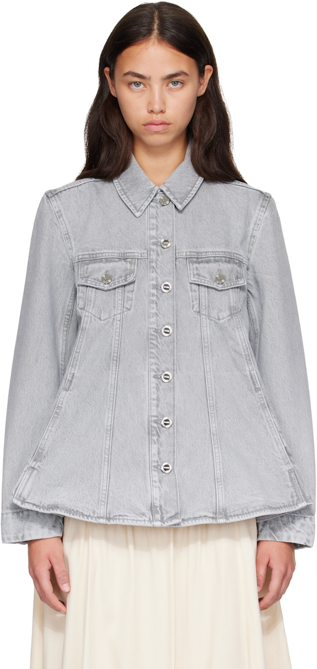 GANNI グレー デニムジャケット ボタン付き GANNI: Gray Rigid Denim A-Line Overshirt | SSENSE