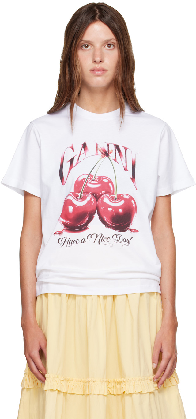 GANNI: White Basic Jersey Cherry Relaxed T-shirt | SSENSE