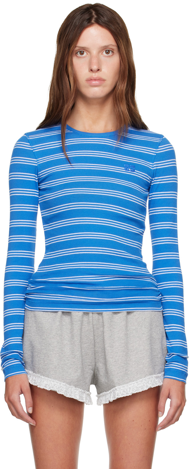 GANNI: Navy Long-Sleeve Stripes T-shirt | SSENSE