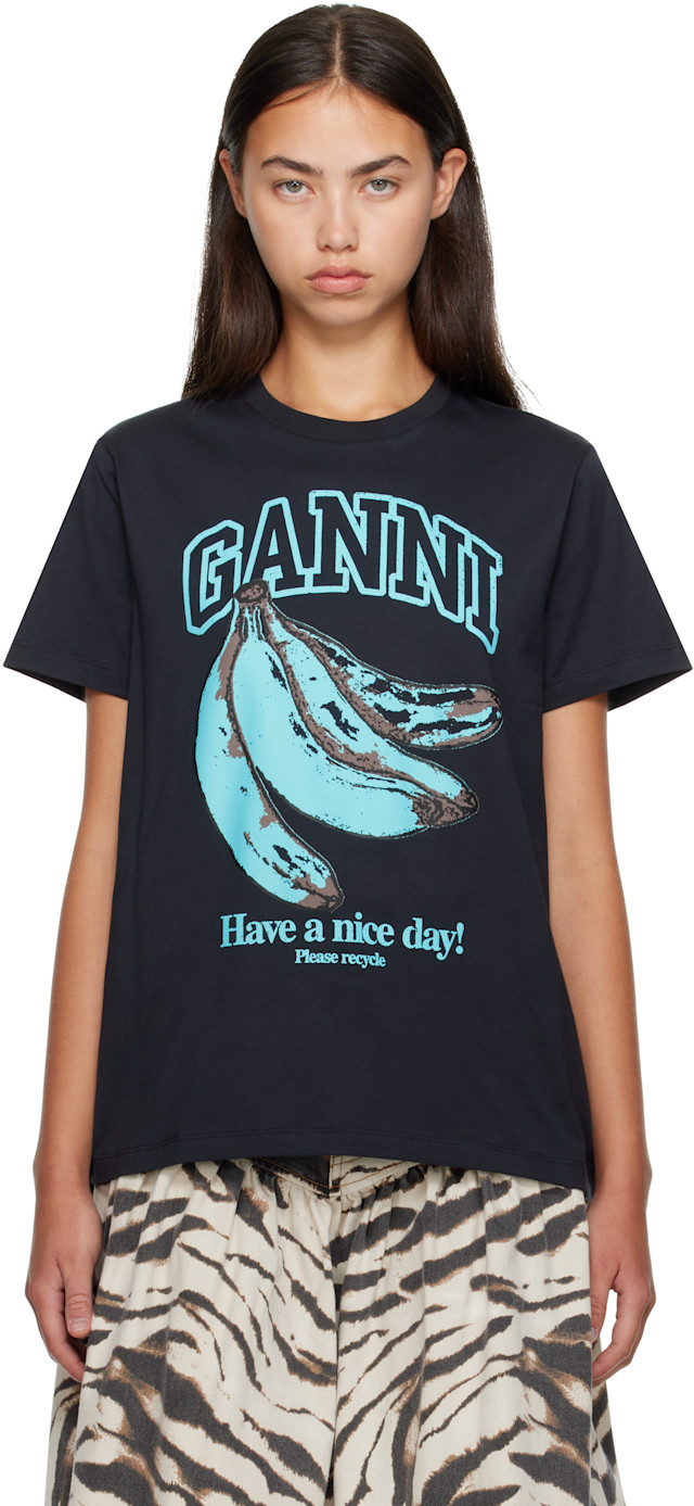 GANNI: Black Blue Banana T-shirt | SSENSE
