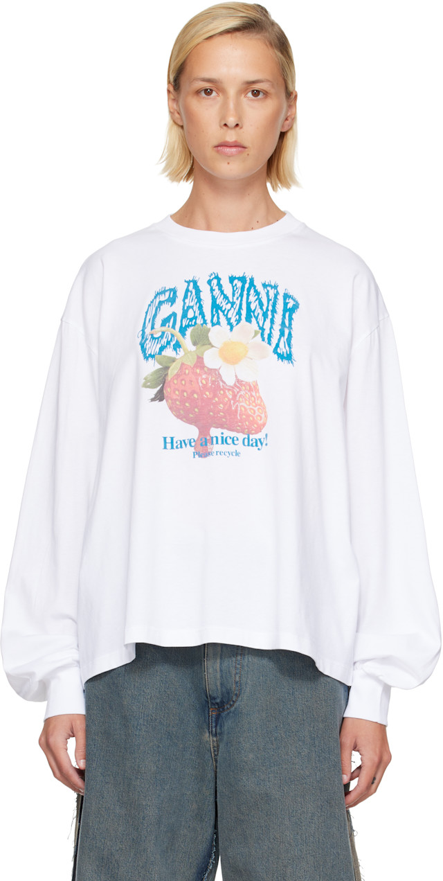 GANNI: White Long Sleeve Strawberry T-shirt | SSENSE