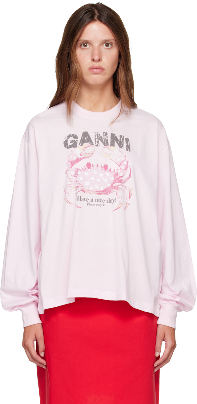 GANNI: Pink Basic Cotton Jersey Longsleeve Crab T-shirt | SSENSE