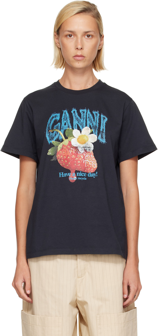 GANNI プリントTシャツ GANNI: Black Strawberry T-shirt | SSENSE