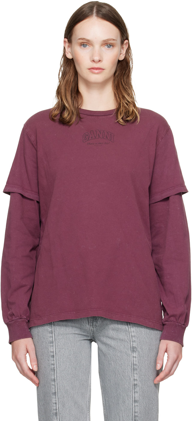 GANNI: Burgundy Future Heavy Jersey Double Sleeve T-shirt | SSENSE