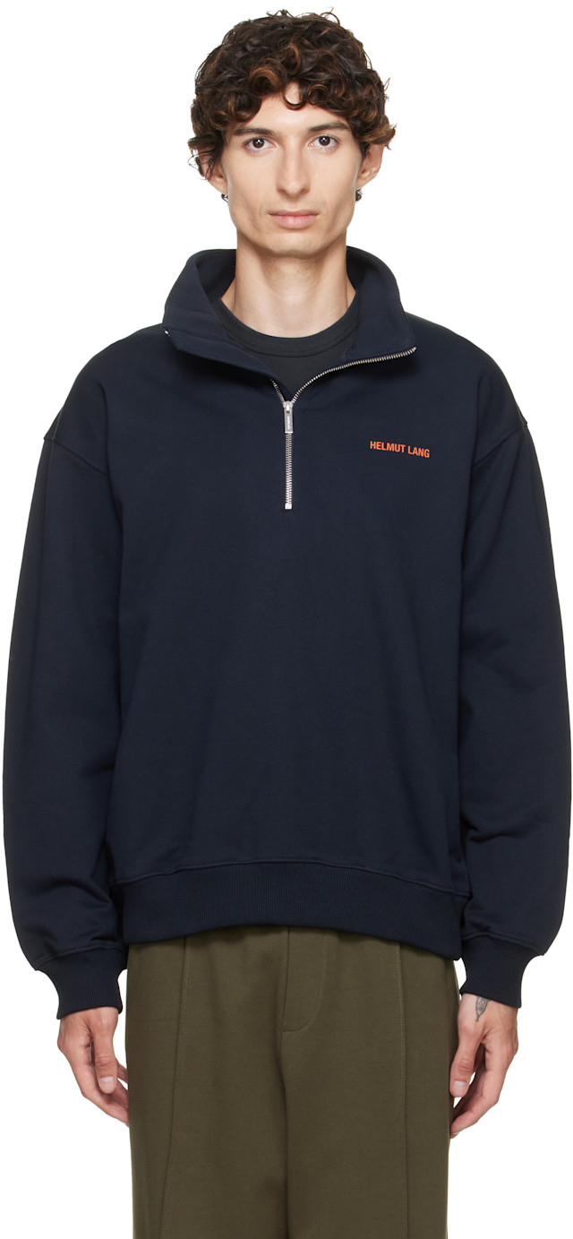Helmut Lang: Navy Logo Quarter Zip Sweatshirt | SSENSE