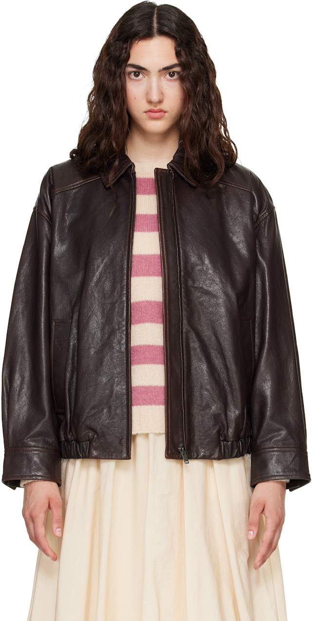 Weekend Max Mara: Brown Cose Leather Bomber Jacket | SSENSE