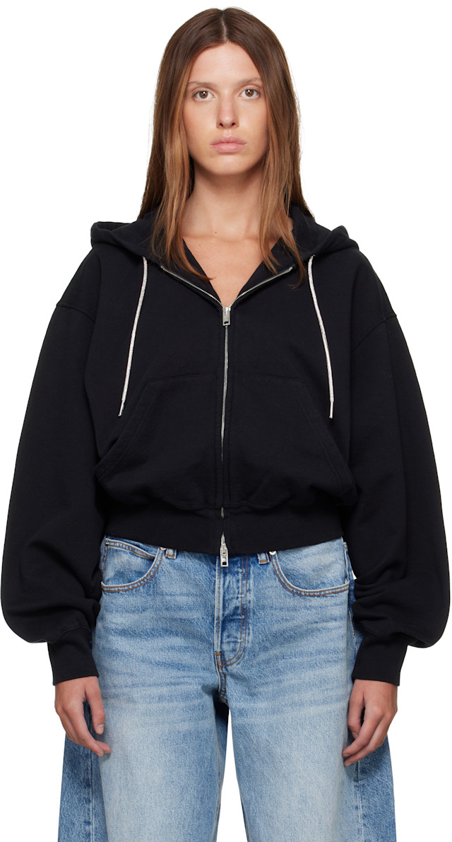 Alexander wang ロゴパッチ　ブラック　パーカー リンゴ Alexander Wang: Black Rhinestone Drawcord Zip-Up Hoodie | SSENSE