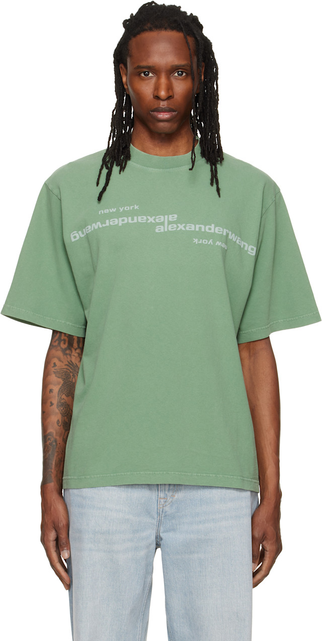 Alexander Wang: グリーン Mirrored Logo 半袖Tシャツ | SSENSE 日本