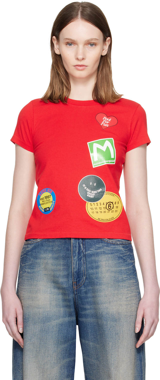 MM6 Maison Margiela: Red Sticker T-shirt | SSENSE